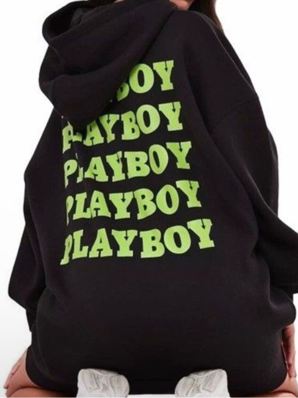 Playboy x Missguided Black Hoodie neon green Oversized Bunny Logo US 0, 27”p2p